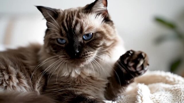 Close-up of a cat with striking blue eyes, raising a paw while lounging on a soft, fluffy blanket
