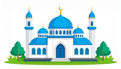 Fototapeta premium Modern white mosque with blue domes and minarets in serene landscape illustration