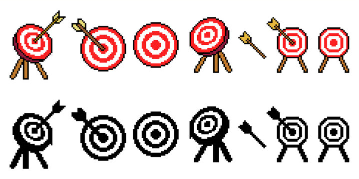 Set pixel bullseye target icon vector for retro games. 8-bit style aim symbols ideal for accuracy apps and goal trackers.
