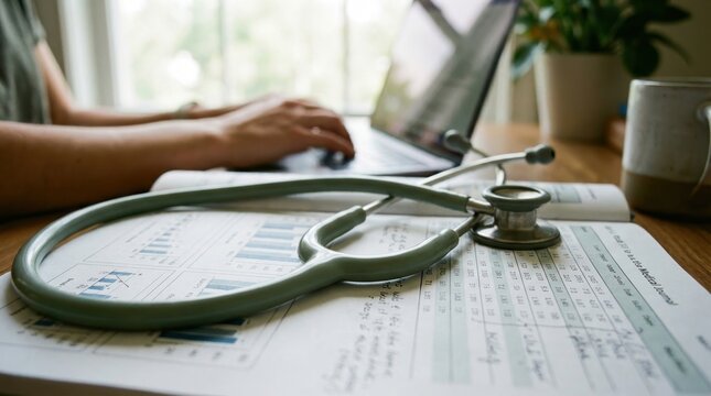 stethoscope, medical, report, laptop, healthcare, research, data. Close-up of green stethoscope on medical journals and reports with a doctor working on a laptop in the background.