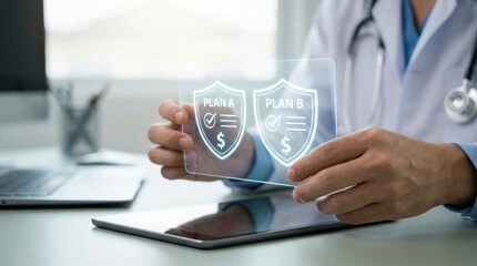 Fototapeta premium healthcare insurance, medical plan, doctor, health coverage, insurance policy, medical costs, plan comparison of options A and B using a futuristic digital display interface.