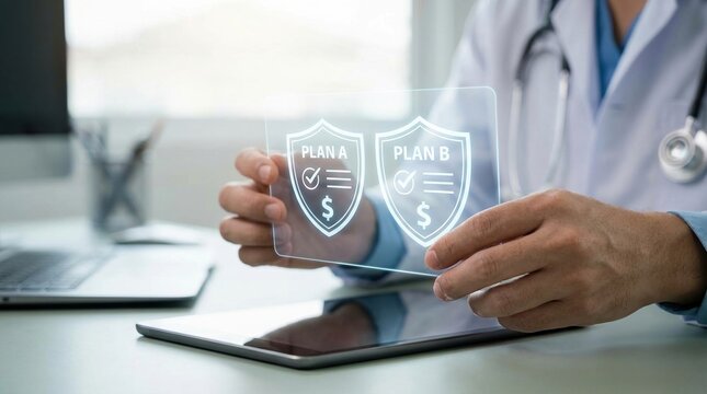 healthcare insurance, medical plan, doctor, health coverage, insurance policy, medical costs, plan comparison of options A and B using a futuristic digital display interface.