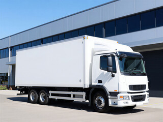 White Box Truck in Front of Modern Building