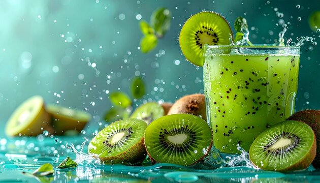 Refreshing kiwi juice splash with fresh fruit slices on a turquoise background, symbolizing tropical energy and liquid vitality