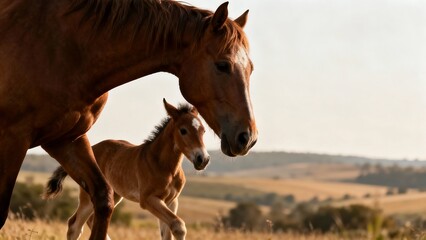 Mare and foal in field for family love and nature birthday gifts today