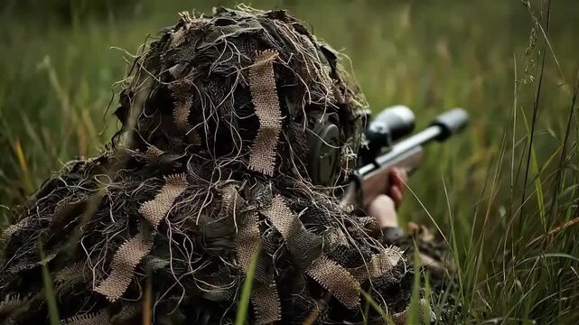 Rear View of Sniper in Ghillie Suit Lying in High Grass with Scoped Rifle and Suppressor