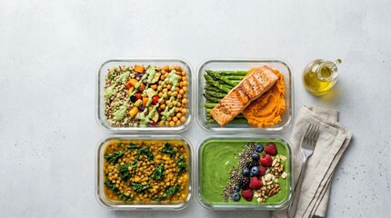 Four glass meal prep containers display balanced portions of salmon, chickpeas, asparagus, and a green smoothie bowl on a light surface.