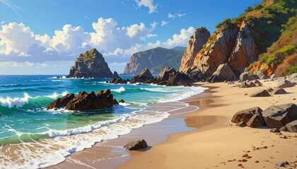 Tropical beach with turquoise waves crashing on rocky cliffs under sunny sky