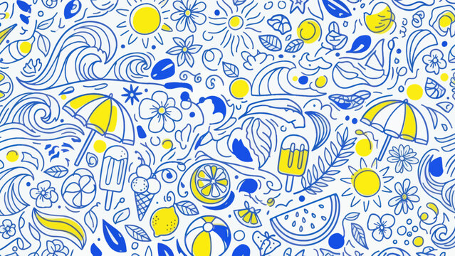Summer beach vacation doodles with sun umbrellas and ice cream.