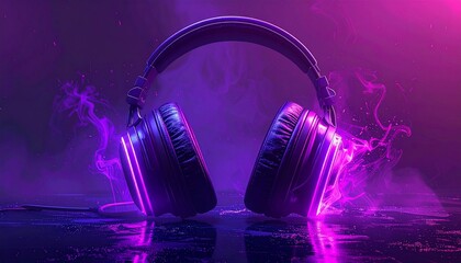 Purple neon gaming headset glowing in dark studio with smoke effects, symbolizing immersive audio experience and high-tech esports culture