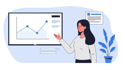 Woman presenting a business graph on a large screen.