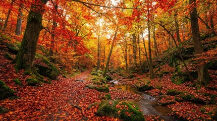 Autumn forest with orange leaves for warm and seasonal birthday party backdrop design