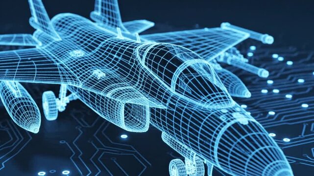 A detailed 3D wireframe rendering of a modern jet fighter in blue, on a circuit-board-style background