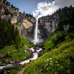 Obraz premium Scenic landscape featuring a cascading waterfall among verdant mountains