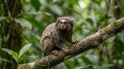 Pygmy Marmoset on mossy tree branch in serene forest with soft natural lighting for wildlife conservation
