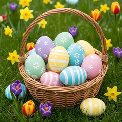 A woven basket filled with colorful decorated easter eggs in a grassy field