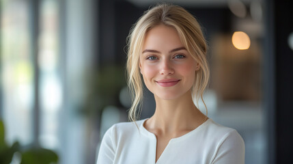 Portrait of a beautiful young woman smiling and looking at camera. Woman portrait