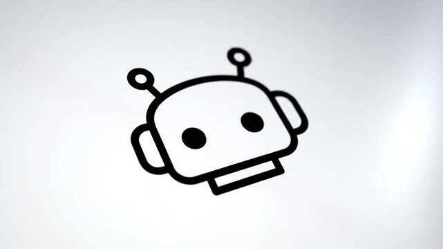 A close-up view of a minimalist robot icon against a plain white background
