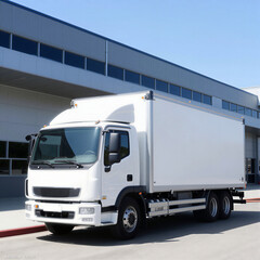White Box Truck in Front of Modern Building