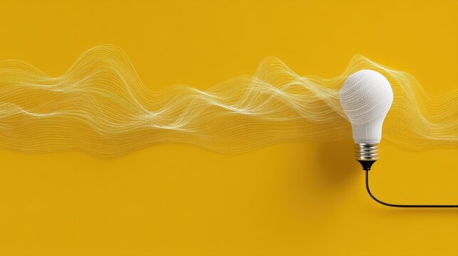 Artistic light bulbs emit waves resembling digital code on a solid yellow background, symbolizing innovation,