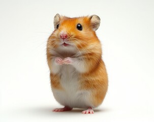 fluffy golden hamster standing upright with tiny clasped paws, bright black eyes and a curious, innocent expression on a clean white background