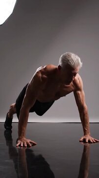 Senior man with strong physique performing push-ups on a reflective floor in
