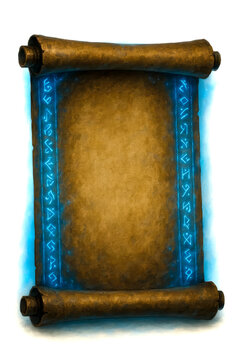 A mystical ancient parchment scroll unfurled, adorned with glowing blue runes, radiating a powerful sense of ancient wisdom and magical enchantment. Ideal for fantasy graphic design