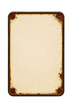Rustic empty weathered metal sign with aged texture and rusty corners, isolated on white background for retro design