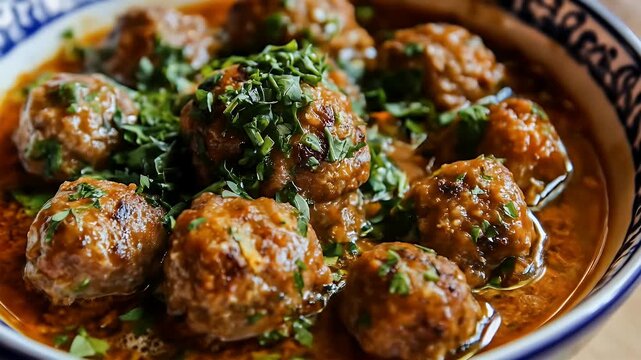 Savory meatballs, drizzled with sauce, topped with green herbs in patterned dish