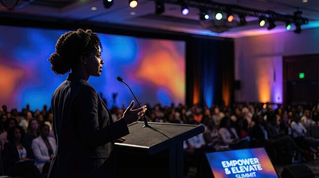 Silhouette of African American woman speaking at business dais concept. A speaker inspiring an audience at a professional conference event.