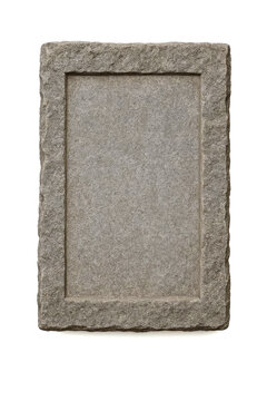 Rough textured grey stone plaque with an empty rectangular inner frame, providing natural copy space for text or design on a clean white background