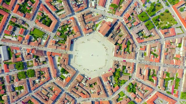 Palmanova, Udine, Italy. An exemplary fortification project of its time was laid down in 1593. Drone footage, HEAD OVER SHOT with rotation