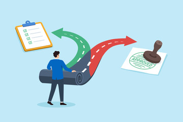 Flat illustration of businessman unrolling road choosing between two directional arrows with checklist and approval stamp decision making career evaluation and direction selection process