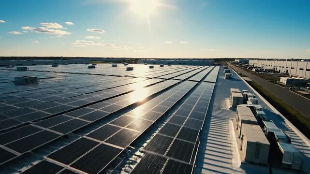 Extensive solar panel array installed on a large commercial rooftop under