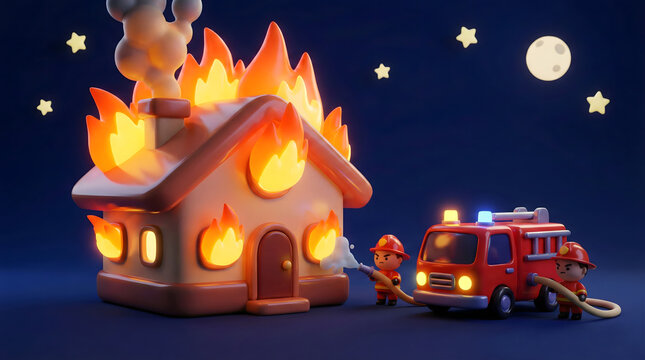 夜間に発生した住宅火災を消火する消防車と消防士 3D
