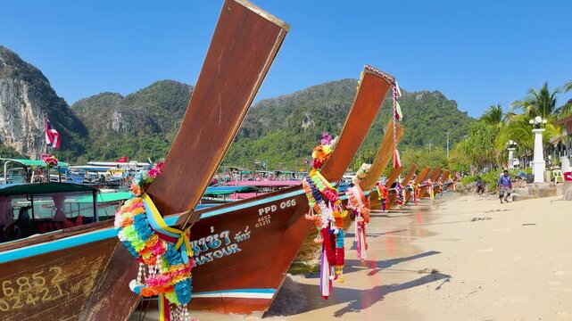 Traditional Thai Longtail Boats Parked on Phi Phi Island Tropical Beach
