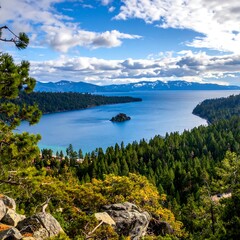 Naklejka premium Scenic vista of a tranquil lake surrounded by lush green forests and mountains