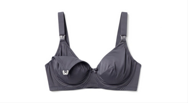 Gray nursing bra with functional clip design, isolated on a white background, showcasing practical maternity wear