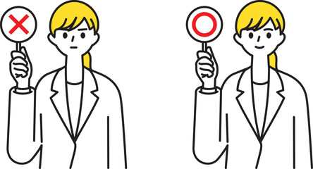 マルバツ札を持つ女性の医者イラスト