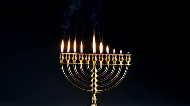 Golden menorah with lit candles and smoke rising, symbolizing the celebration of Hanukkah and the festival of lights. A representation of tradition and faith
