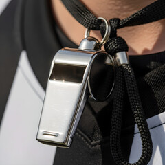 A close up view of a silver referee whistle hanging from a black lanyard