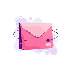 Stylized pink mailer bag illustration isolated on a white background with abstract purple accents