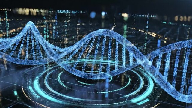 Digital DNA helix structure with binary code flowing in a futuristic background