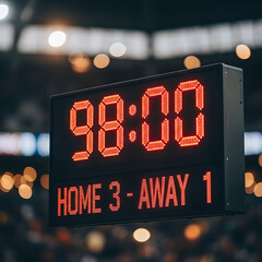A red scoreboard displays the time and score during a sporting event