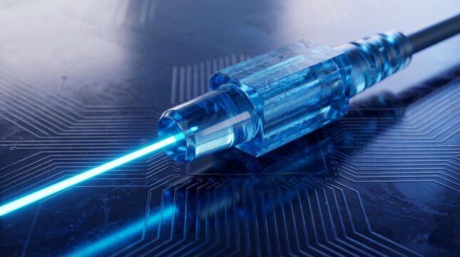 A close-up view of a fiber optic cable emitting a bright blue light