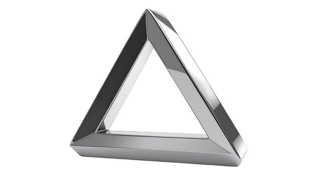 Metallic, shiny, impossible triangle floating against a black background