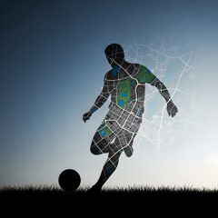 Silhouette of a soccer player filled with a city map design