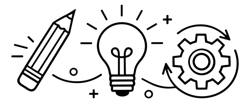 Hand drawn line art illustration of the idea generation process depicting conceptualization, development, and execution for business innovation