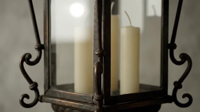 A close-up view showing candles inside a vintage metal lantern with decorative curved handles