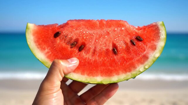 A juicy watermelon slice, held by a hand, is framed with a blue sky and tropical beach